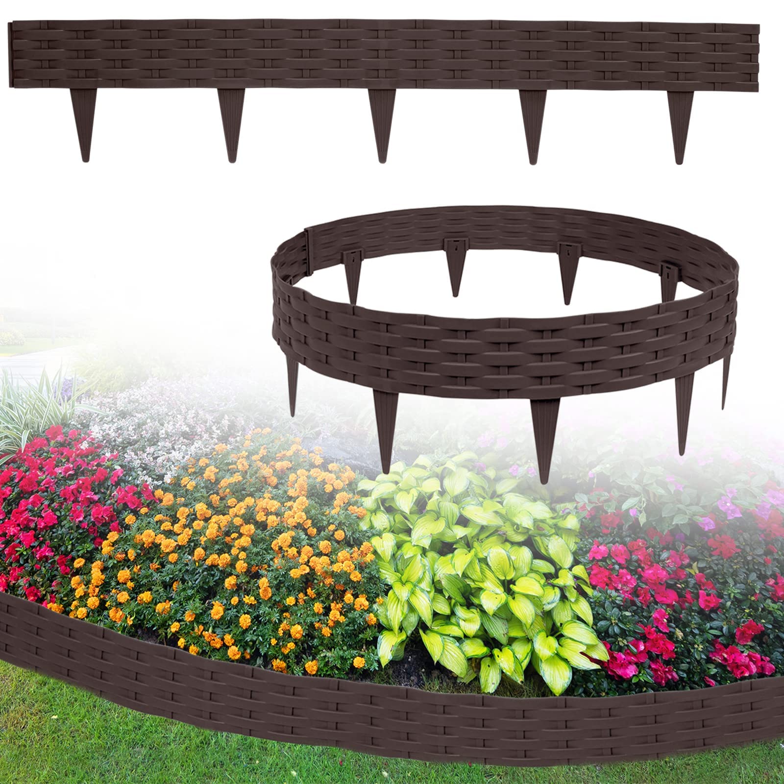 LZQ Bordo per aiuole, 10 m, rotondo, in plastica, con 10 elementi da 1 m, colore marrone