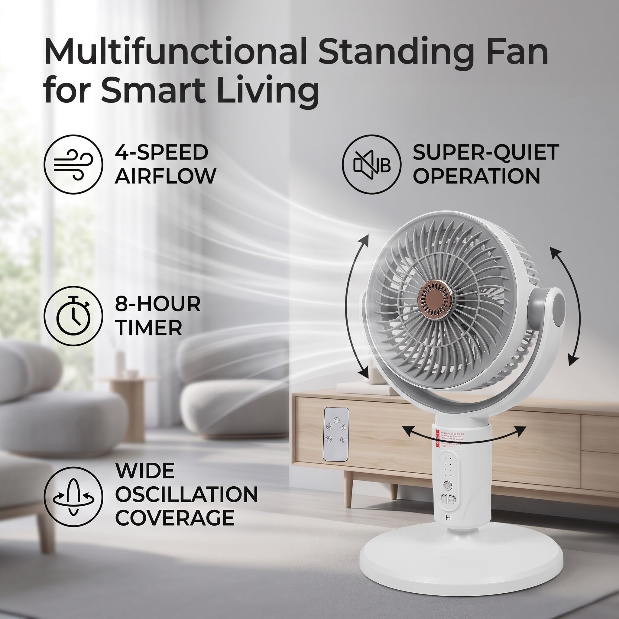 Standventilator, leise, oszillierend, 20 dB, Gleichstrommotor | 9 Windstufen, 8h Timer, 120° Schwenk, höhenverstellbar 37-42 cm, für Schlafzimmer Büro