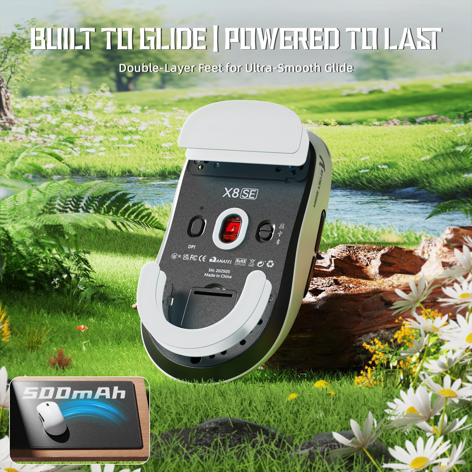 ATTACK SHARK X8 SE Mouse da Gaming Wireless, Leggero 55g, Sensore PAW3311, Chip BK52820, 25.000 DPI, Connessione BT/2,4G/USB-C, 80 Milioni di Click, Batteria 500mAh, Driver Web per PC/Mac–Bianco