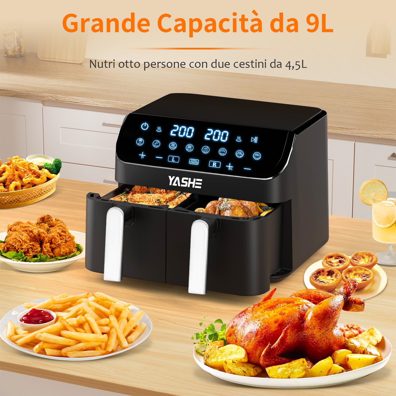 YASHE Friggitrice ad Aria Doppio Cestello, 9L XXL Capacità Friggitrice Aria con 2 Cestelli Separati, 8 in 1 Programmi di Cottura, Touchscreen LED, Cottura Sana, Veloce e Versatile Air Fryer