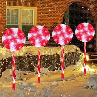 DUOQIAN 4 Pack Lollipops Christmas Pathway Maker Lights Outdoor Decorations, Solar Powered Candy Cane Walkway Outside Waterproof String Lights for Lawn Yard Patio, Red