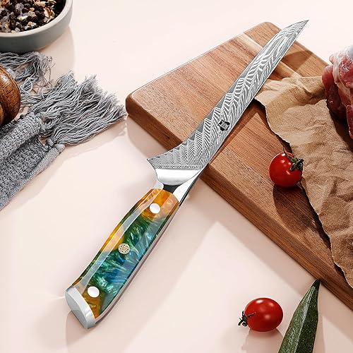 Miniatura 7 de WILDMOK Cuchillo de filete de Damasco de 7 pulgadas, cuchillo japonés de acero de damasco, forjado a mano con mango ergonómico de resina y caja de