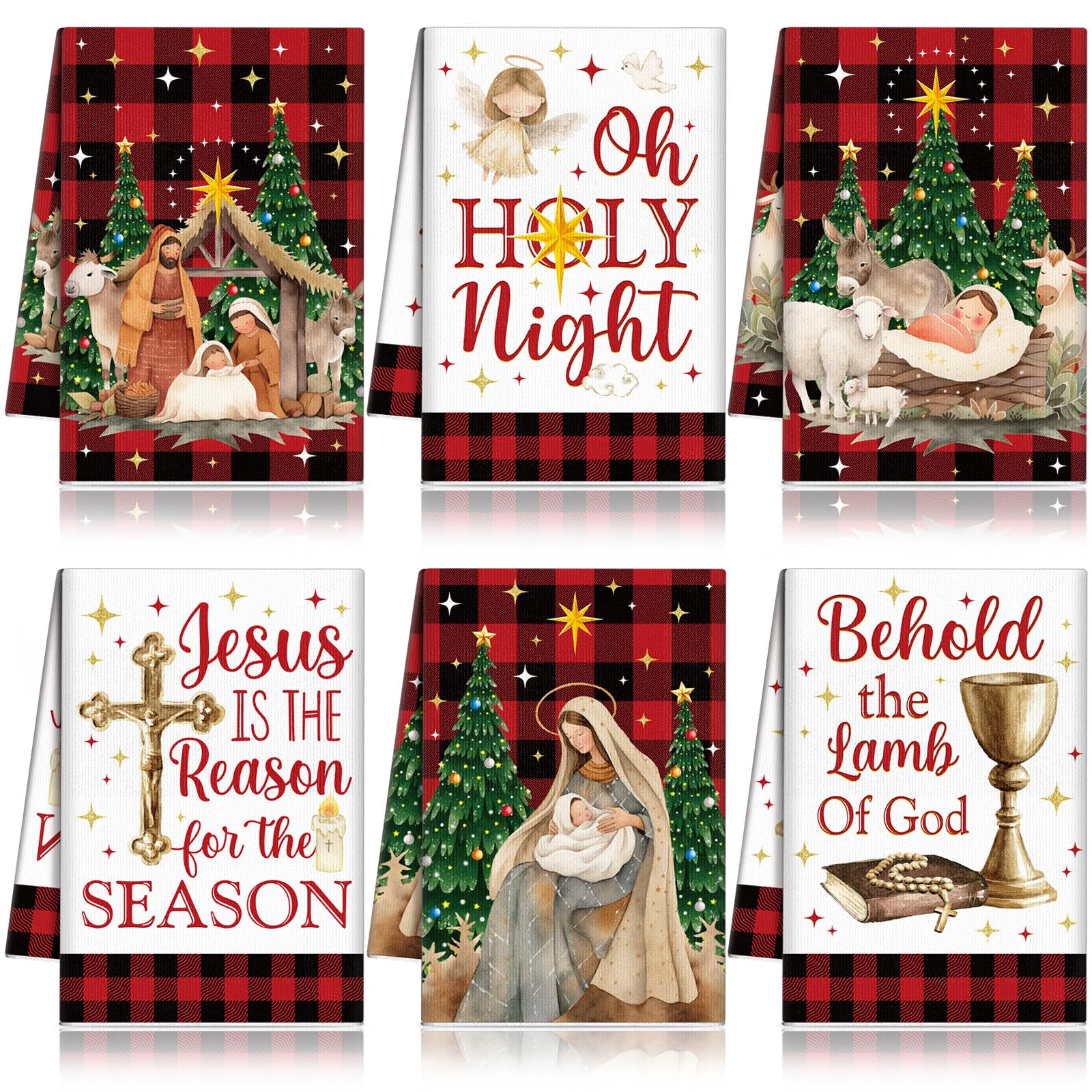 Mixweer 6-Pack Christmas Kitchen Towels - Red Black Nativity & Buffalo Plaid Dish Towels, 16x24 Inch - View #5