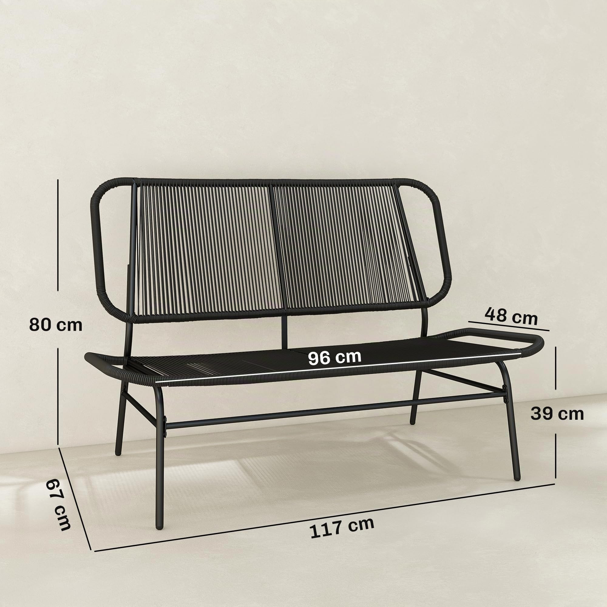 Outsunny Banco Exterior de Ratán de 2 Plazas de Jardín Ratán PE Negro | Respaldo Tejido Ratán PE, Estructura de Acero, Carga 240 kg, para Balcón Porche Patio