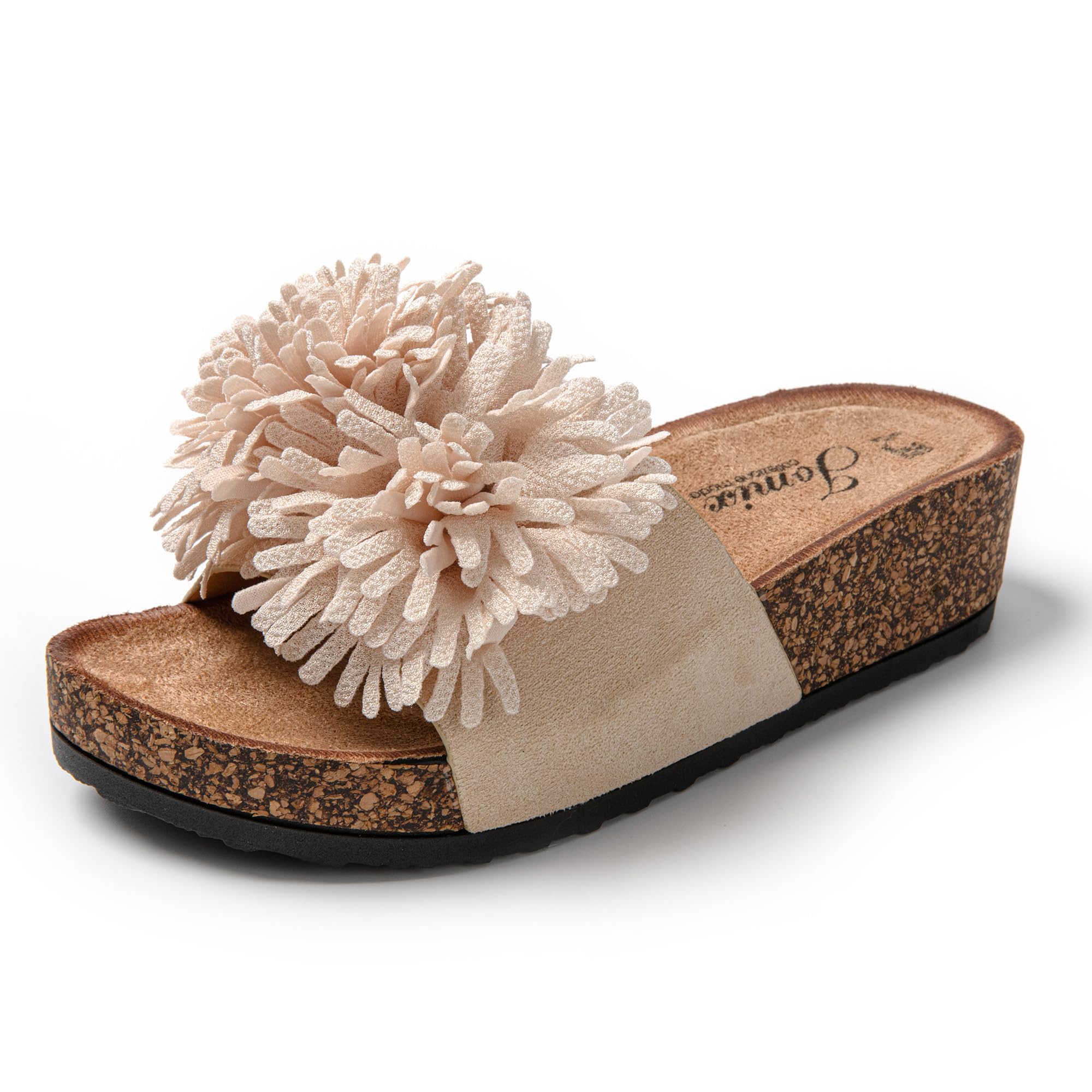 JOMIX Pantoletten Damen Sommer Sandalen mit Kork Fußbett Elegant Flach Strandsandalen Weiche Blumen Wandern Meer Strand Slipper