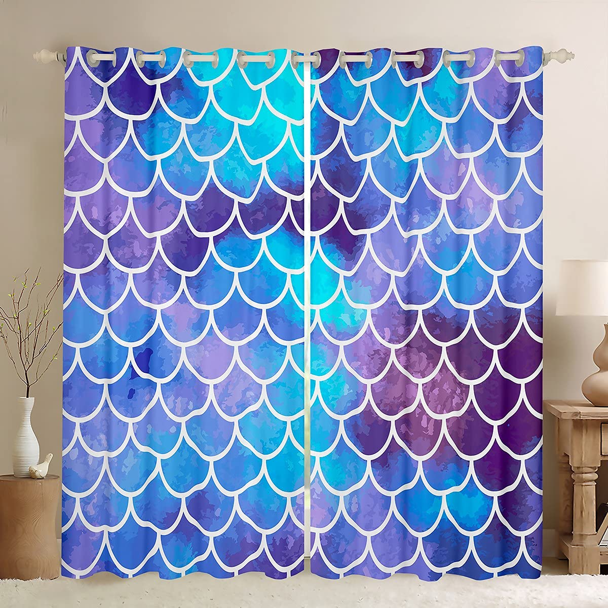 Mermaid Scales Curtain for Bedroom Ocean Marine Fish Scale Printed Room Curtain Sea Nautical Surfing Curtain Aquatic Animal Drapes,Blue,W66*L72 โ image 1