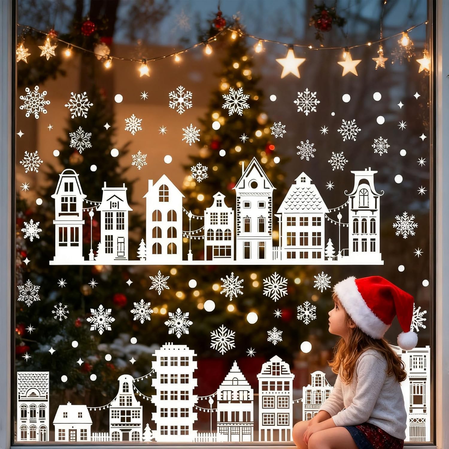 Samoprzylepne naklejki na okno, Boże Narodzenie, domy, 9 arkuszy, dekoracja bożonarodzeniowa, dekoracja okienna, dekoracja na okno, na zimę, dekoracja bożonarodzeniowa