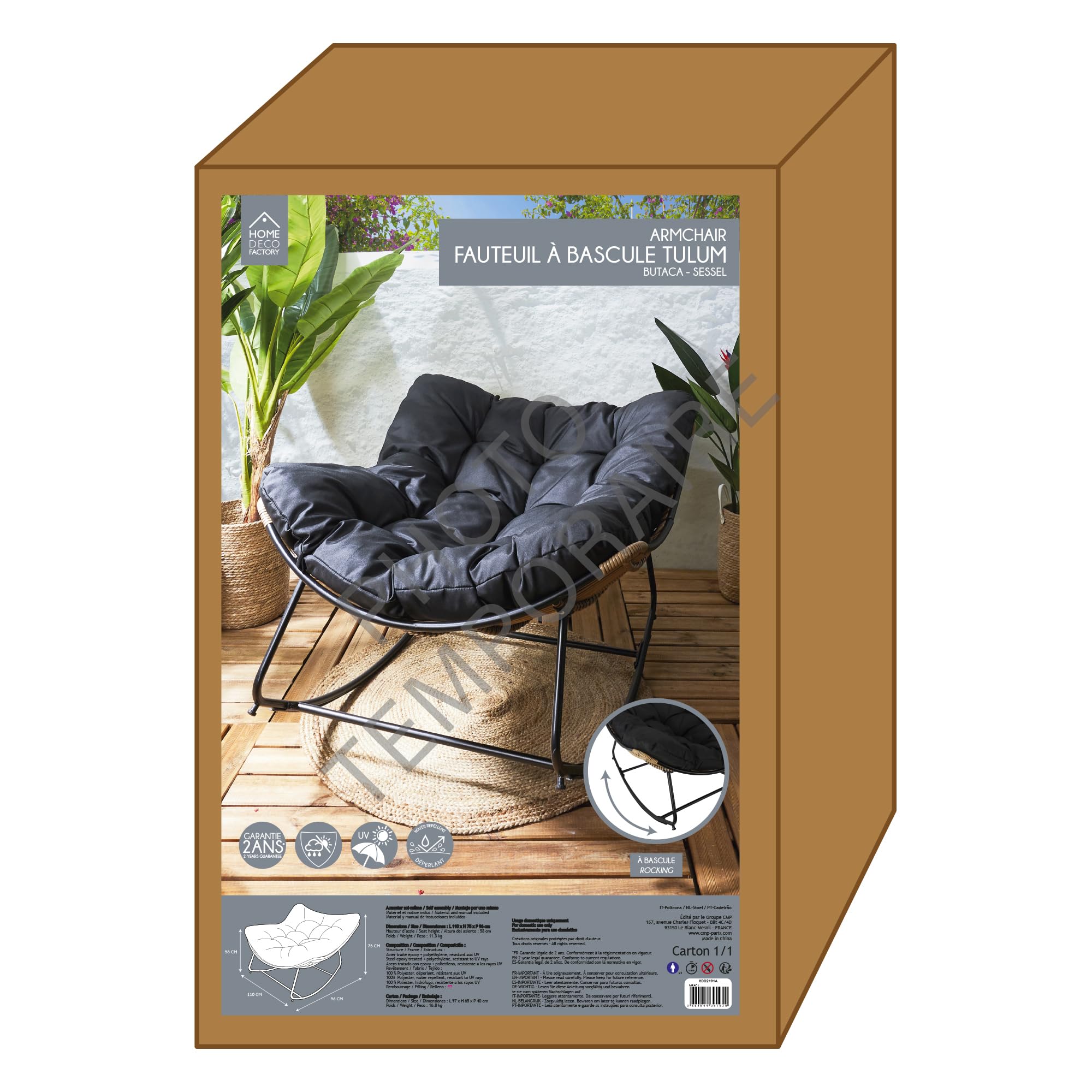 HOME DECO FACTORY, Fauteuil de Jardin à Bascule, Tulum, en Fer, Fauteuil Oeuf à Bascule de Jardin, Assise Capitonnée, Effet rotin résistant aux UV, Noir | Fer, fauteuil de jardin à bascule Tulum, assise œuf capitonnée, jardin ou terrasse, noir