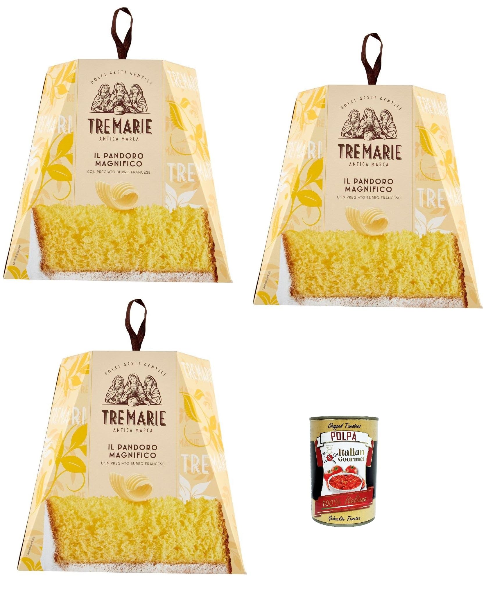 Tre Marie Il Pandoro Magnifico 3x 1 kg – klassischer italienischer Weihnachtskuchen mit hochwertiger französischer Butter – weich & duftend natürliche Langzeit-Teigführung + Italian Gourmet polpa 400g
