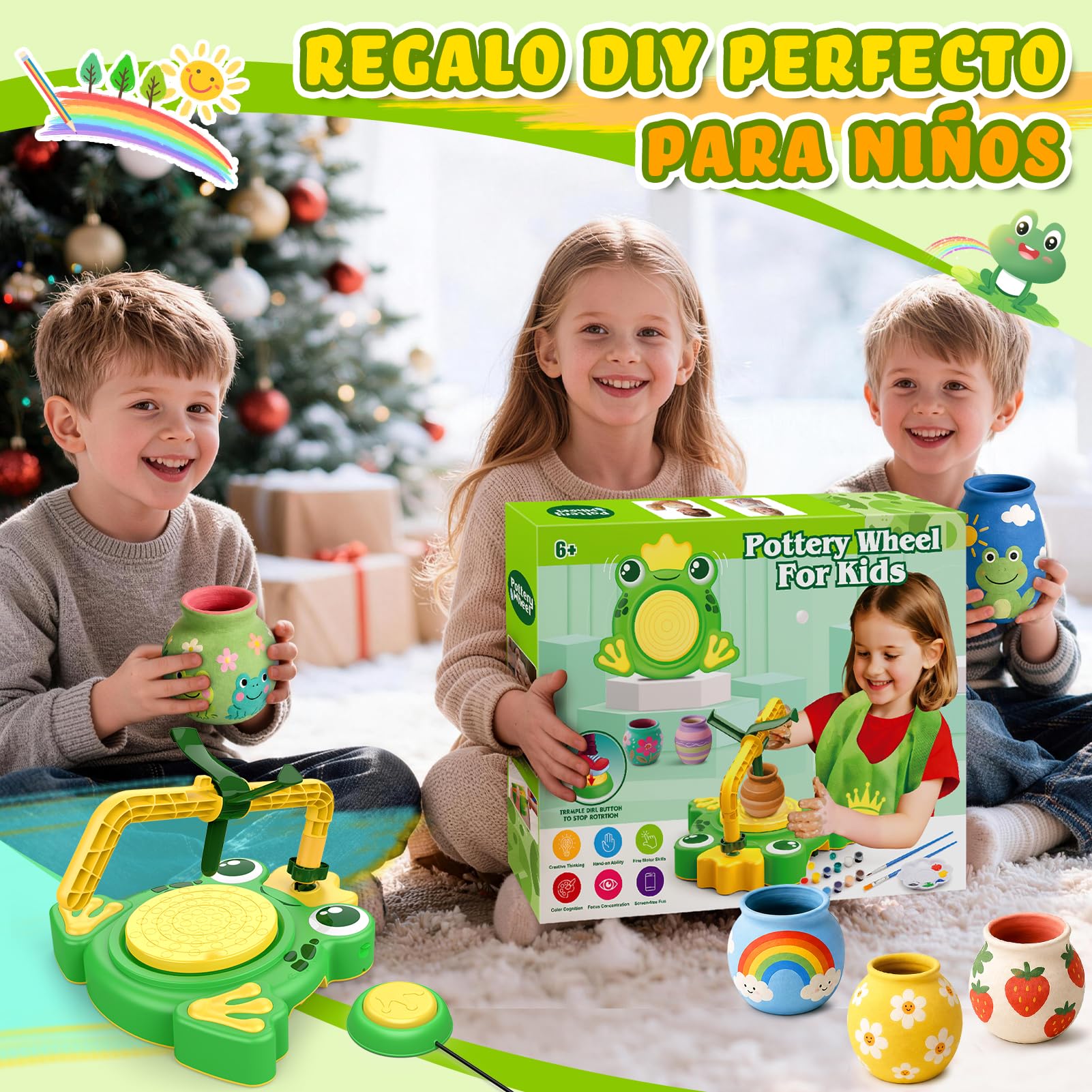 Naxudcoo Torno de Alfarería para Niños, Kit Manualidades Niños con Arcilla y Pinturas, Kit de Cerámica de Rana, Juguete Educativo de Manualidades, Regalo de Cumpleaños para Niñas 6+ Años