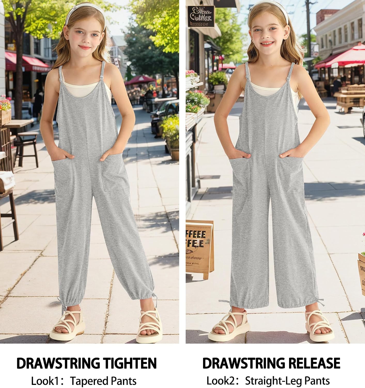 BesserBay Girl's Grey Soft Jumpsuit Spaghetti Strap V Neck Long Pants Drawstring Cuffs Romper 7-8 Years