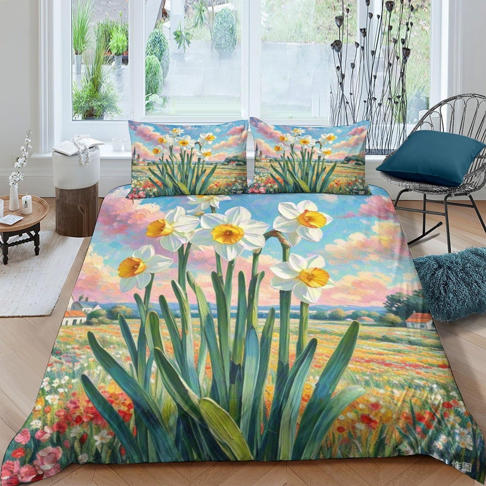 Housse de couette Narcisse 3D 200x200cm en microfibre avec taie d'oreiller