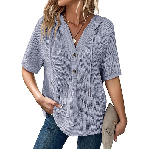 Dokotoo Womens Summer Waffle Knit Short Sleeve Tops Lightweight Drawstring Hoodies Button V Neck Casual Blouses Shirts