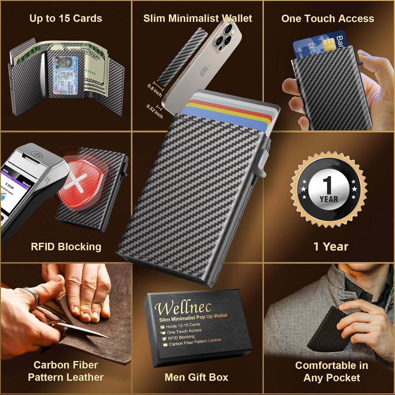 WELLNEC Wallet, Minimalist Wallet for Men, Smart Wallet for Men, Aluminum Pop up Wallet, RFID Blocking, Genuine Leather, Slim, 10-15 Card Capacity | ID Window | Cash Slot