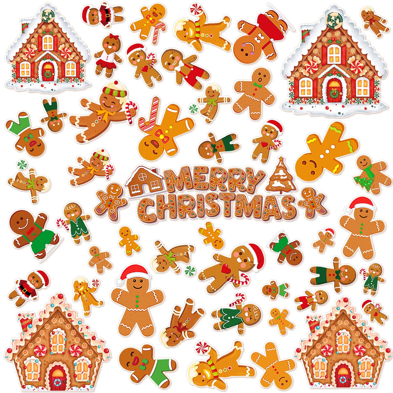 Tellingyou 56 Stück dicke, weihnachtliche Gel-Aufkleber für Lebkuchenmann, Süßigkeitenhaus, Fensteraufkleber, Weihnachts-Fensteraufkleber, Aufkleber für Erwachsene, Zuhause, Kinderzimmer, Weihnachten,