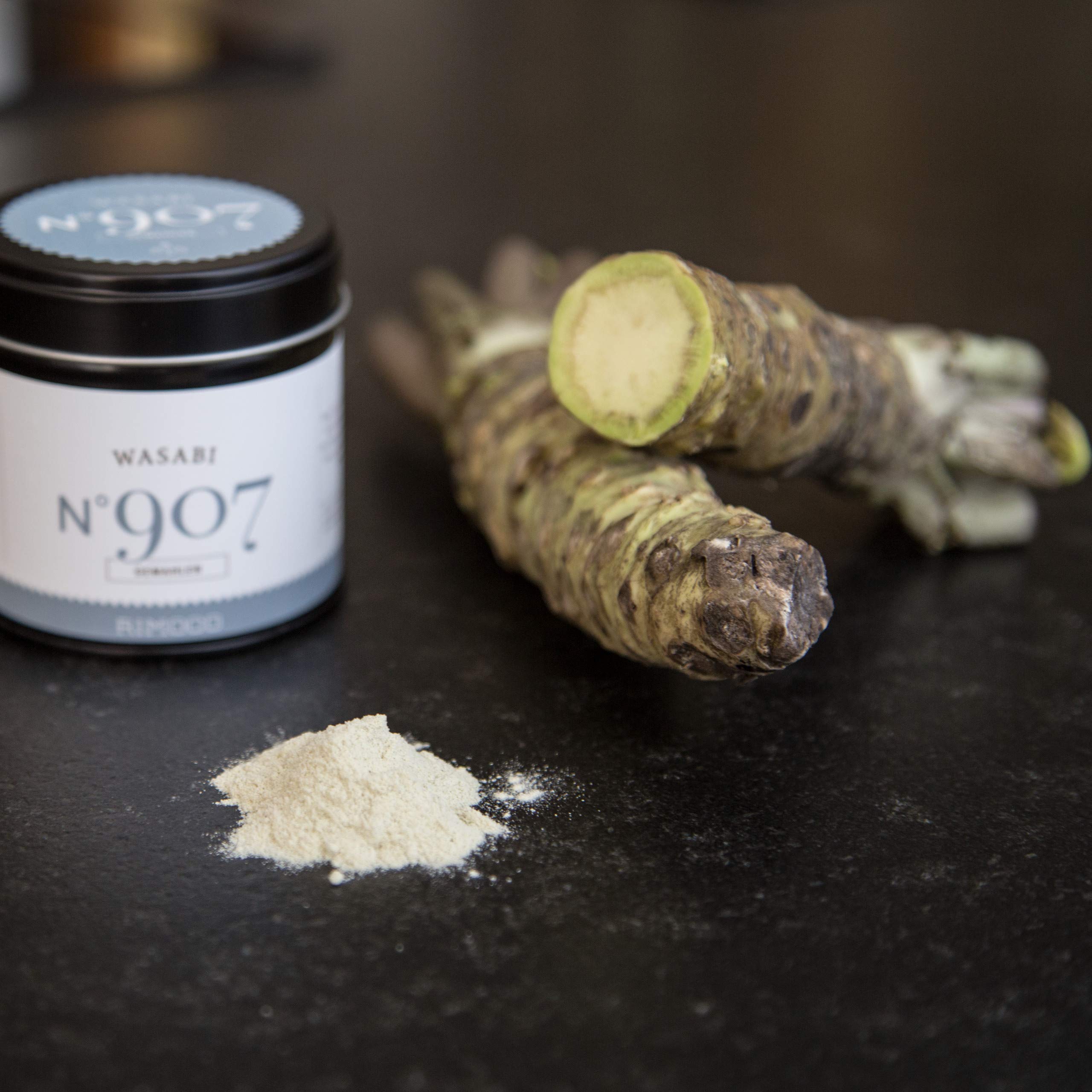 Rimoco N°907 Wasabi Pulver - echte Wasabiwurzel fein gemahlen (100% Wasabia japonica) | Wasabipulver zur Herstellung von Wasabipaste | 40g in eleganter Gewürzdose mit Aromadeckel