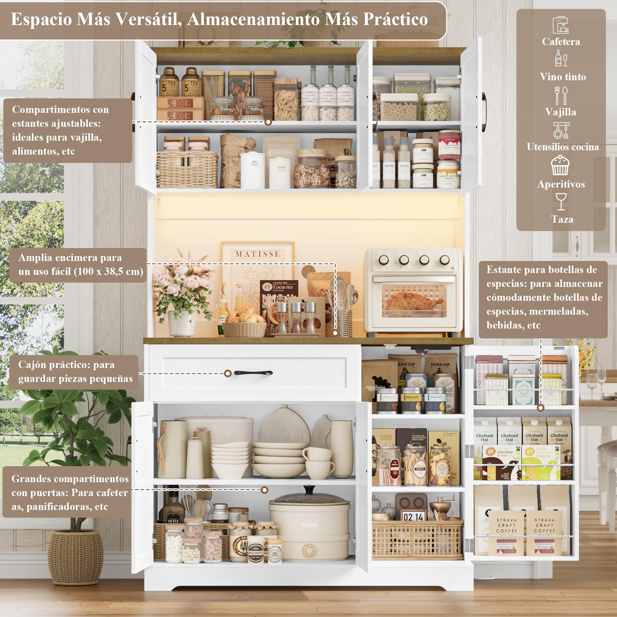 FirFurd Alacena Aparador Cocina Alto, Tira LED, 2 Puertos USB, 2 Enchufes | 5 Puertas,Compartimento Abierto Central,1 Puerta Despensa para Alimentos 3 Cajones para Cocina Comedor Blanco 100x39x181cm