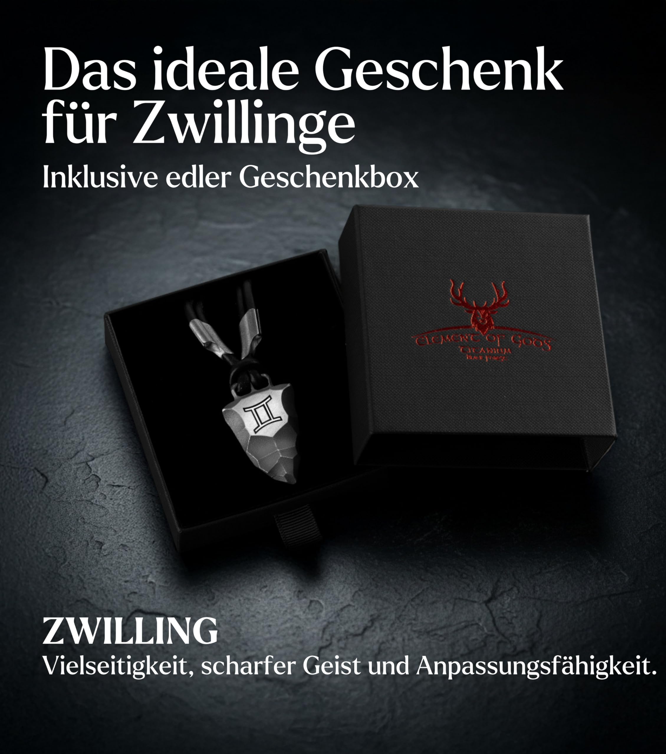 Titan-Anhänger Faustkeil mit Sternzeichen nach Wahl – Maskuline Herren-Halskette aus schwarzem Lederband und robustem Titan – Astrologie Schmuck & Zodiac Geschenk für Männer