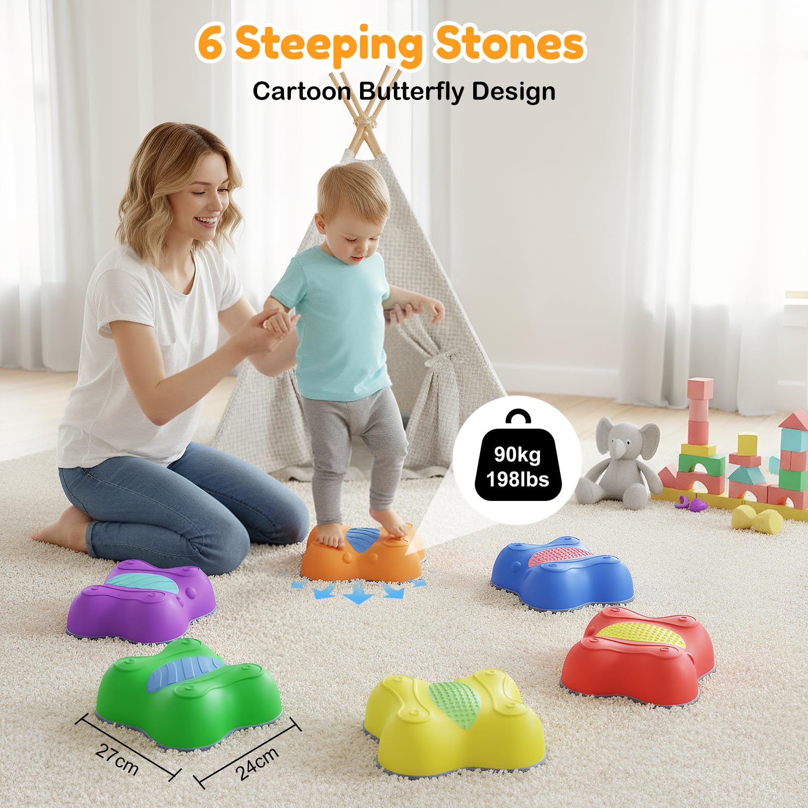 balance board bambini，6pcs impilabili con superfici testurizzate sensoriali,pietre sensoriali colorate a forma di farfalla Attrezzatura da gioco antiscivolo per esterni per bambini piccoli