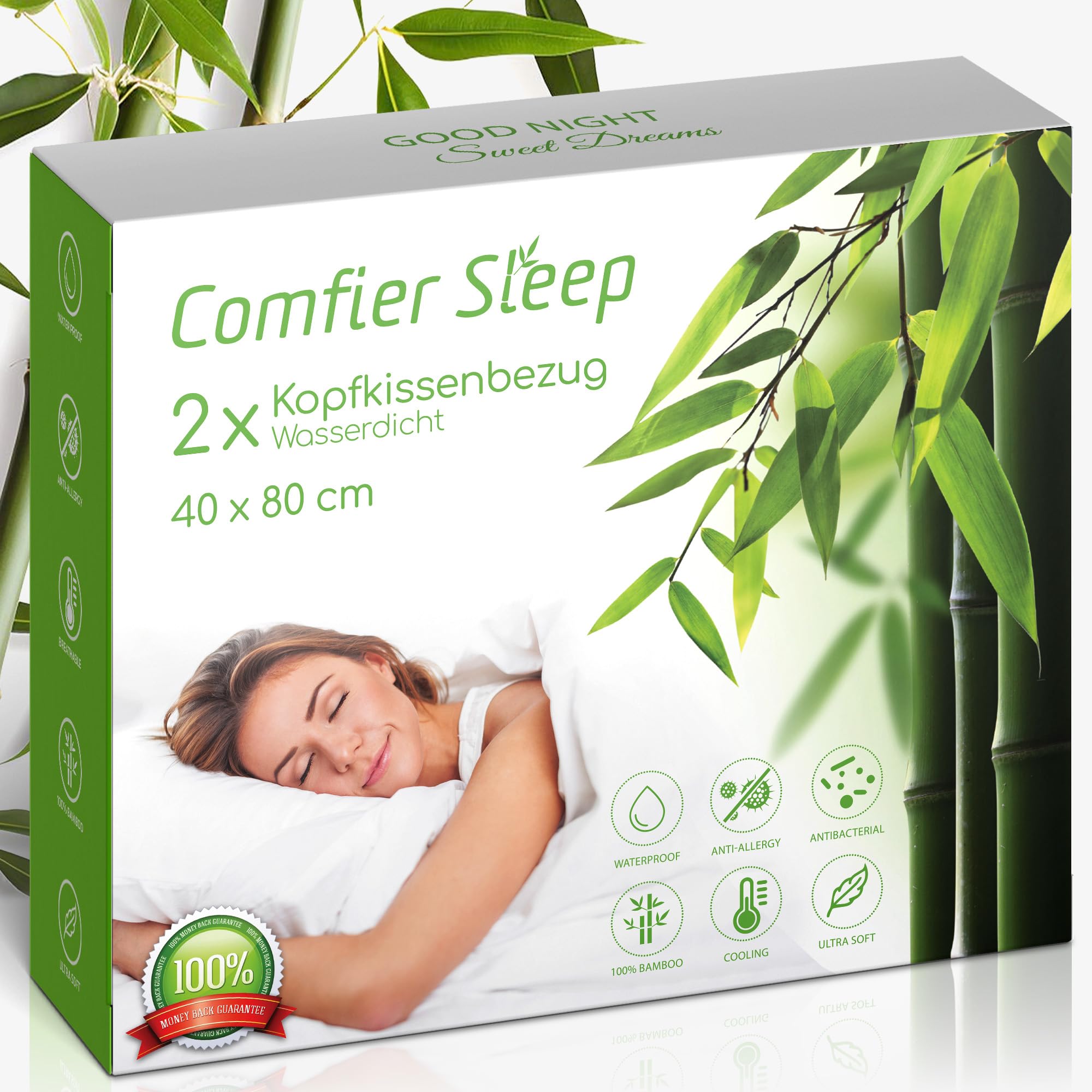 Kissenschoner 40x80 cm Dreilagig mit Reißverschluss, Antiallergen, 100% Bambus, 2er-Pack wasserdichte Kissenbezüge 40x80 Standardgröße