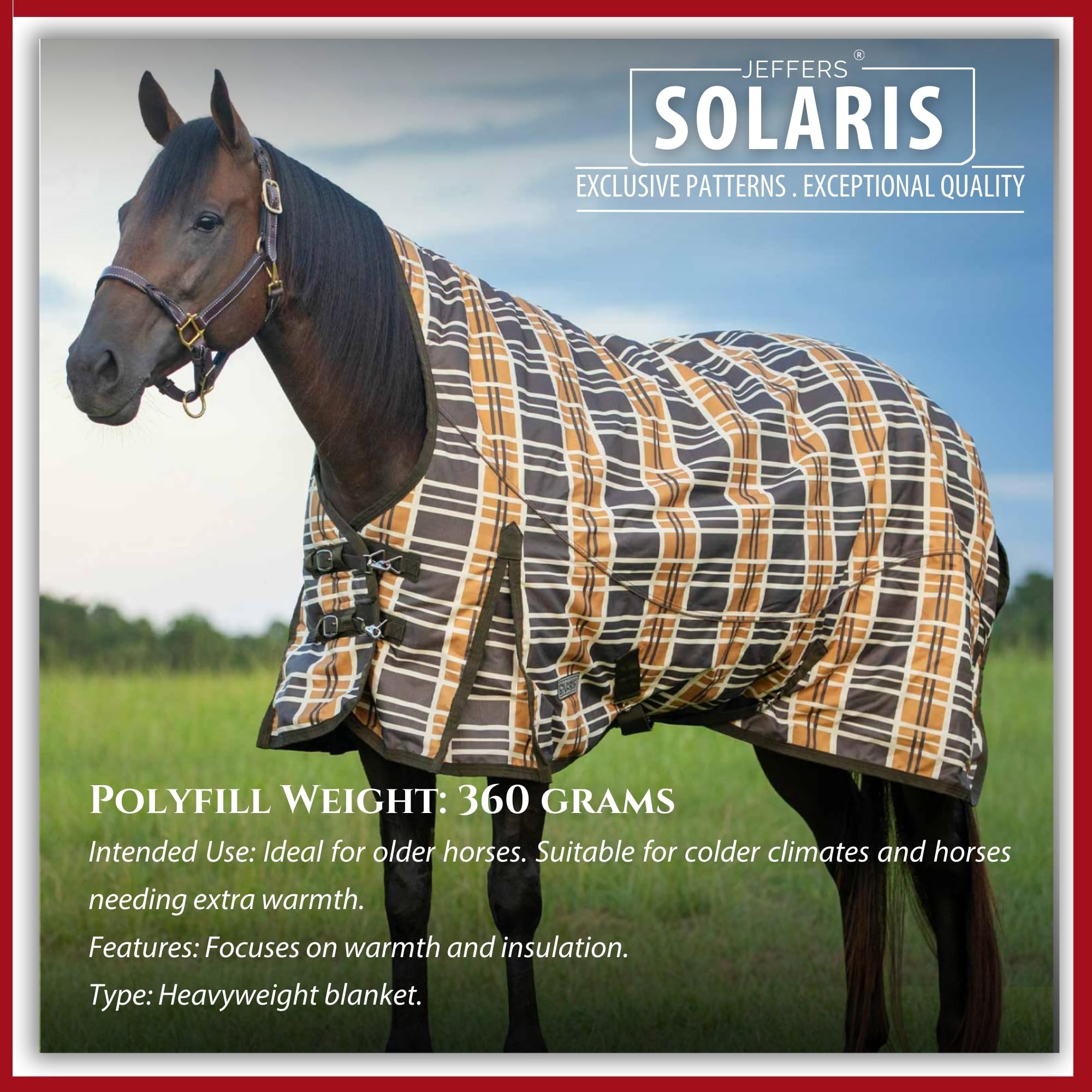 Jeffers Solaris - Coperta per cavallo, 1200 denari, con collo allungato, motivo scozzese marrone e crema, 167,6 cm, impermeabile, traspirante, con Polyfill da 360 g, protezione ideale per l'inverno