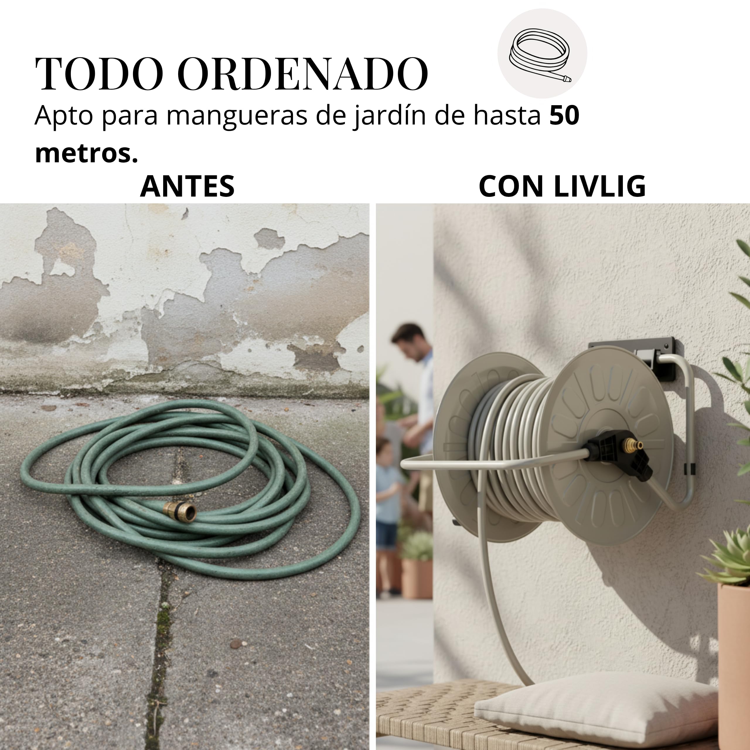 Livlig53 LIVLIG - Carrete de manguera de metal con recubrimiento en polvo, fabricado en Italia, soporte para manguera de jardín de hasta 50 m, montaje en pared y suelo, Greige