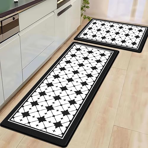 Artnice Tapete de cocina, 2 unidades, tapete de cocina acolchado a cuadros negros y blancos, antifatiga, impermeable, antideslizante, tapete