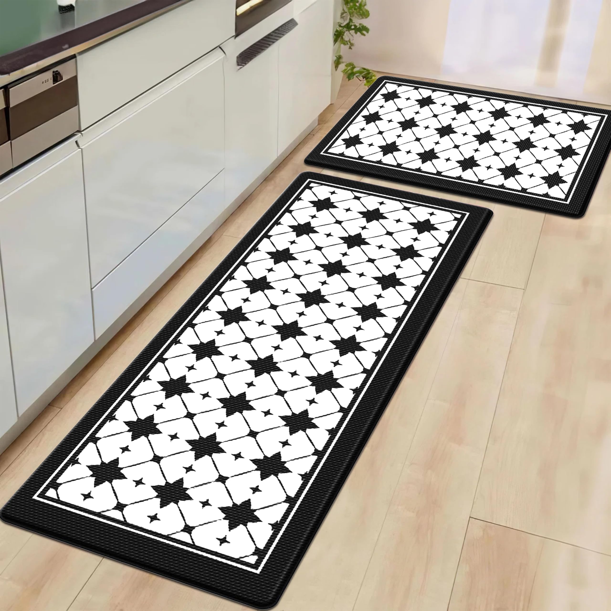 Artnice Kitchen Mat 2 PCS, Black White Plaid Cushioned Anti-Fatigue Kitchen Rug, Waterproof Non-Slip Kitchen Mats and Rugs, Heavy Duty Ergonomic Comfort Rug for Kitchen, Floor, Office, Sink