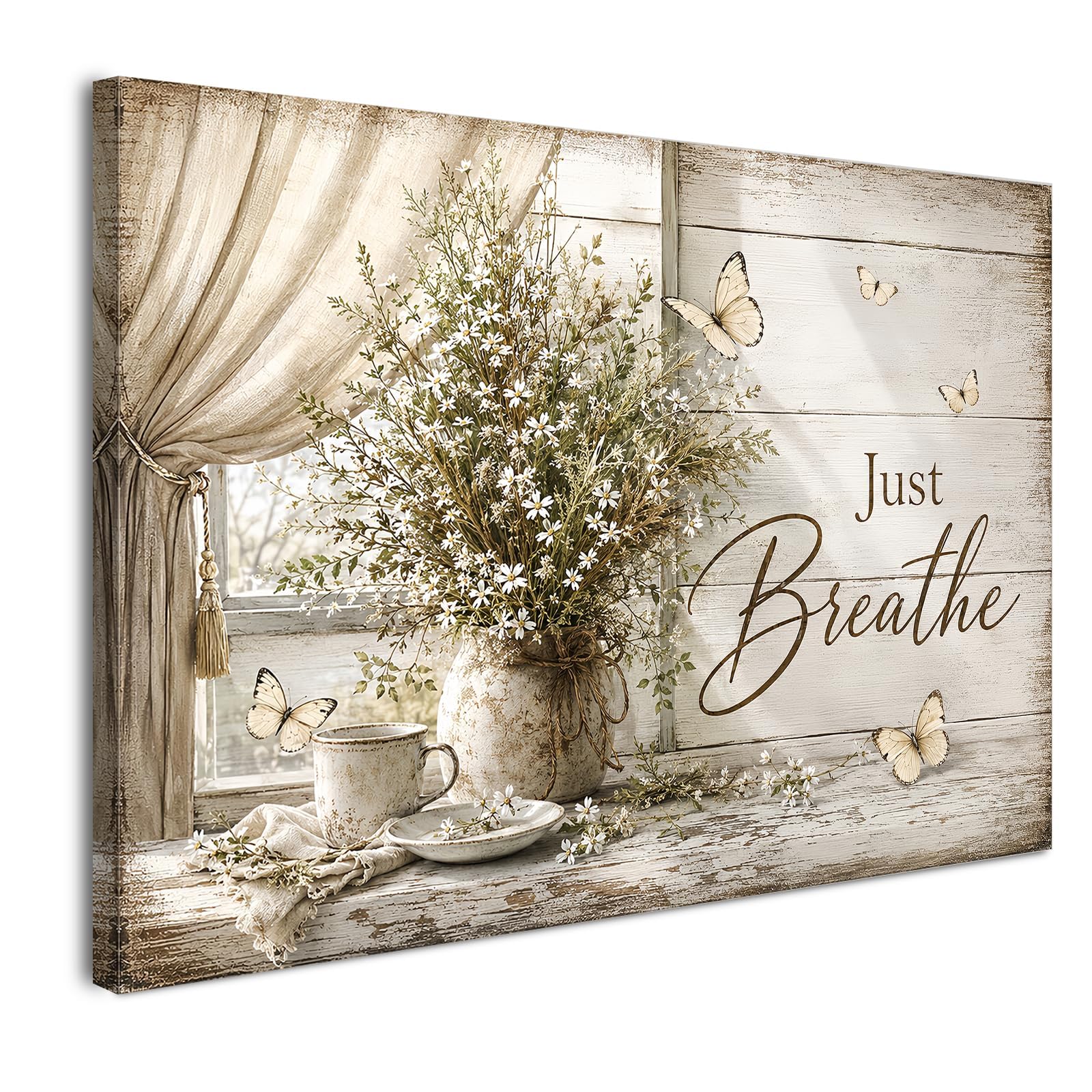 Galmcook Pictures for Walls with Frame 30x40 cm, Just Breathe Floral Quote Wall Art, Rustic Butterfly Canvas Prints for Bedroom Living Room Home Office, with Hook-and-Loop Pads and Hanging Hook