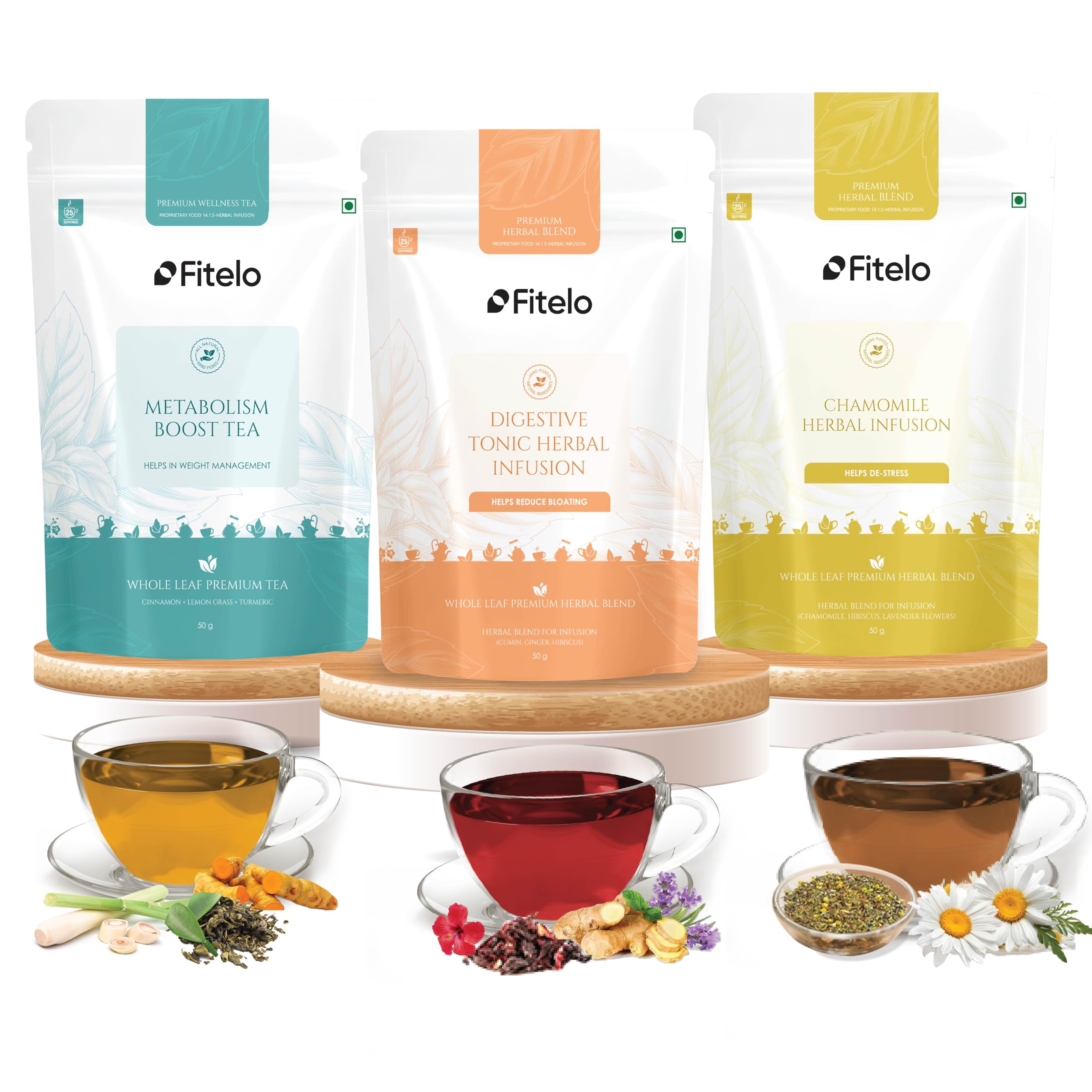 Fitelo 3-in-1 Metabolism Combo | Digestive Tea, Metabolism Boost Green Tea & Chamomile Herbal Infusion | 50g Each (25 Cups) | Herbal Teas for Digestion, Metabolism & Relaxation