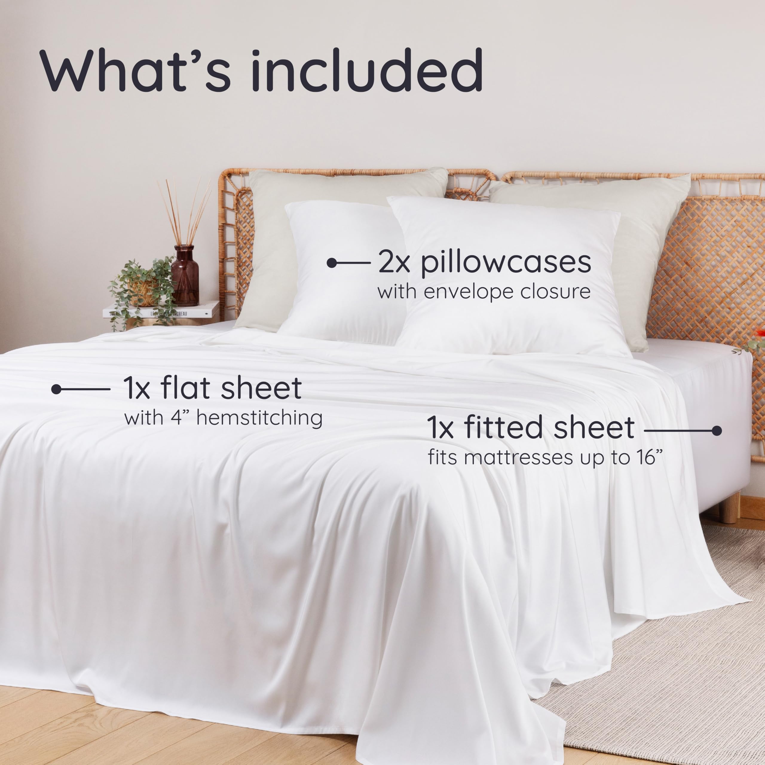 Bambaw 100% Viscose Derived from Bamboo Sheets Queen Size Deep Pocket Set – 4pcs Hotel Luxury Bed Sheets Set, Fits Up to 16'' with Elastic Corner Straps, Ultra Soft Cooling Sheets Queen Size (White)