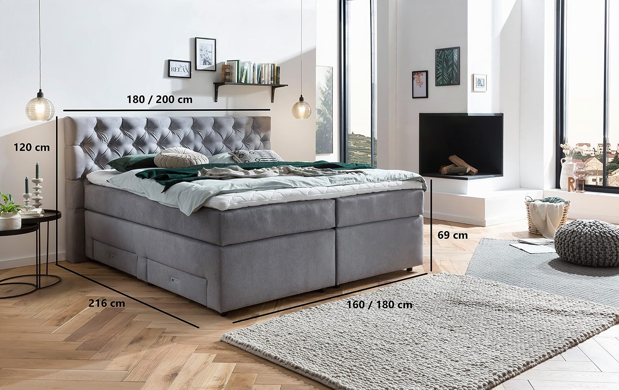 Belanoti Lara Boxspringbett 180x200 mit 4 Schubladen Stauraum Bett 180x200 mit Bettkasten in der Farbe Hellgrau H2 und H3 Chesterfield Kopfteil 7-Zonen Taschenfederkern Matratze inkl. Visco Topper
