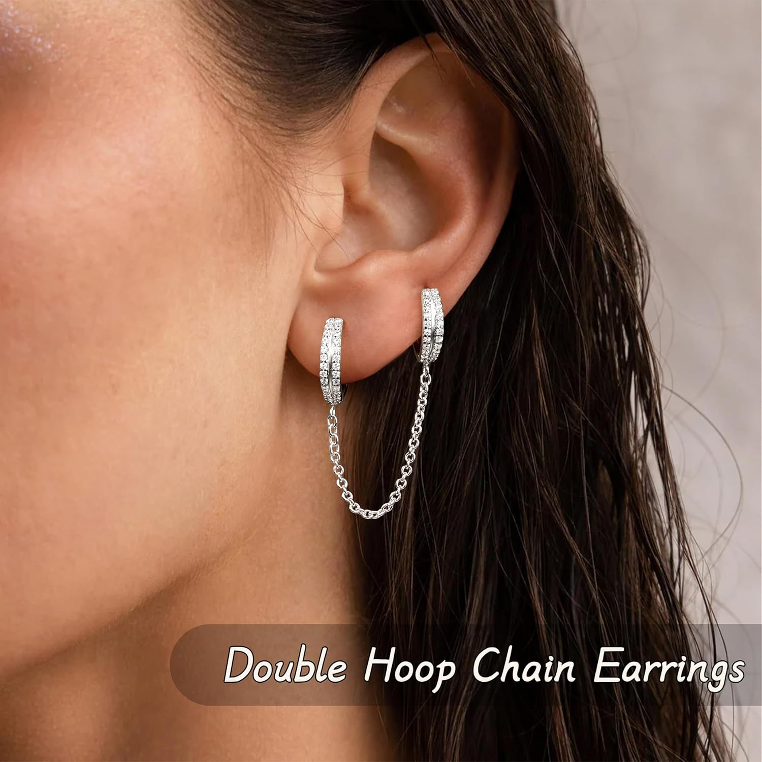 Gold Chain Earrings for Women, Hypoallergenic Huggie Hoop Stud for Catilage Conch Double Piercing, St. Patrick's Day Sterling Silver Chain Earring Jewelry - Image 2