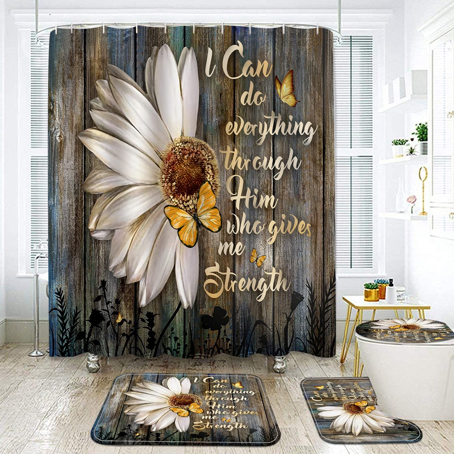 4 Piece Rustic Flower Shower Curtains Retro Bathroom Sets, Daisy Vintage Wooden Floral Waterproof Bath Decor with Soft Touch Rug U-Shape Mat Toilet Seat Pad Cover and Hooks (Brown)
