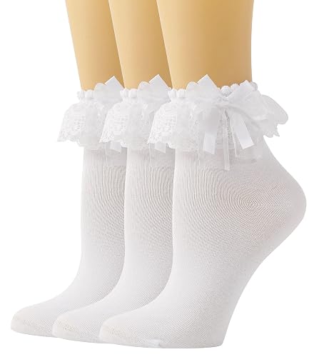 SEMOHOLLI Women Ankle Socks, Lace Ruffle Frilly Comfortable Princess Socks - 5-8 - 3 Pairs-white