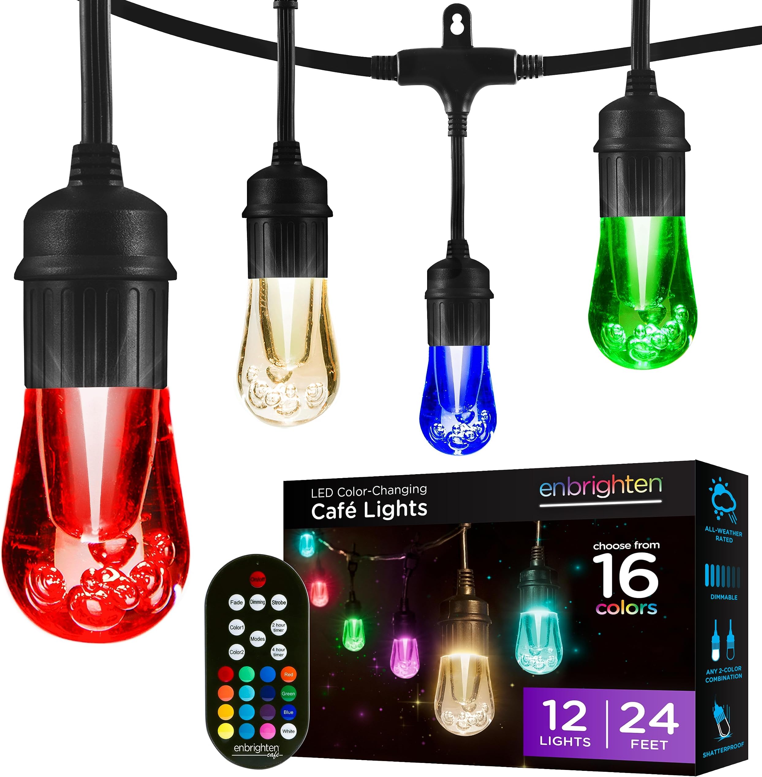 Vintage Outdoor String Lights, 24ft, 12 RGB Acrylic Bulbs, Weatherproof, RF Remote Control, Perfect for Holidays, Gameday, Parties, and More, 37791
