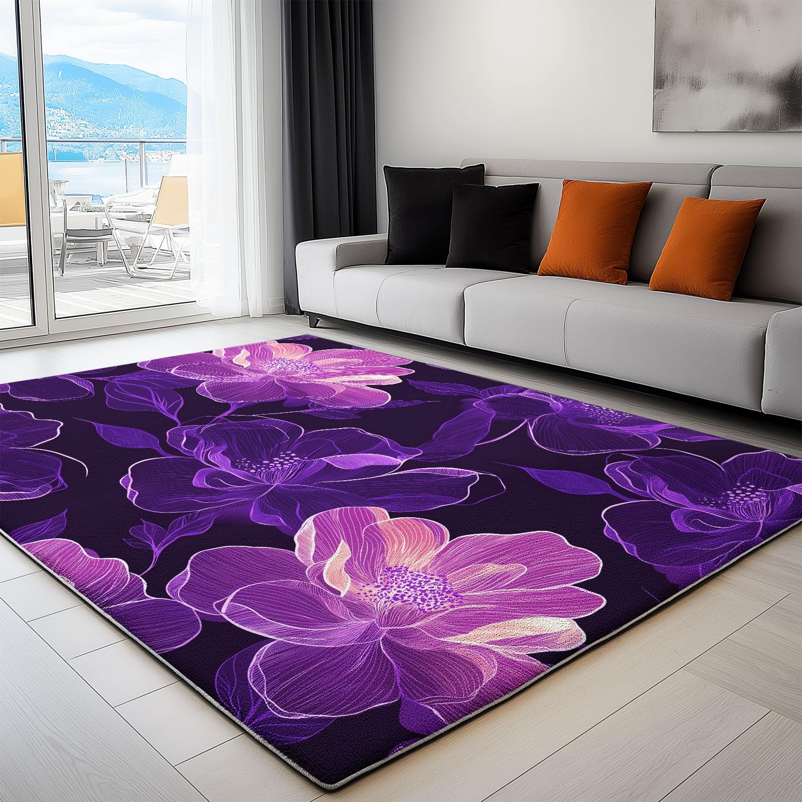 Tapis en Flanelle Douce 120 x 180 cm Un Parfum Floral Onirique Élégant Luxueux Tapis de Salon Moderne, Antidérapant et Lavable en Machine – Idéal Chambre – Poils Courts Facile à Nettoyer, Violet