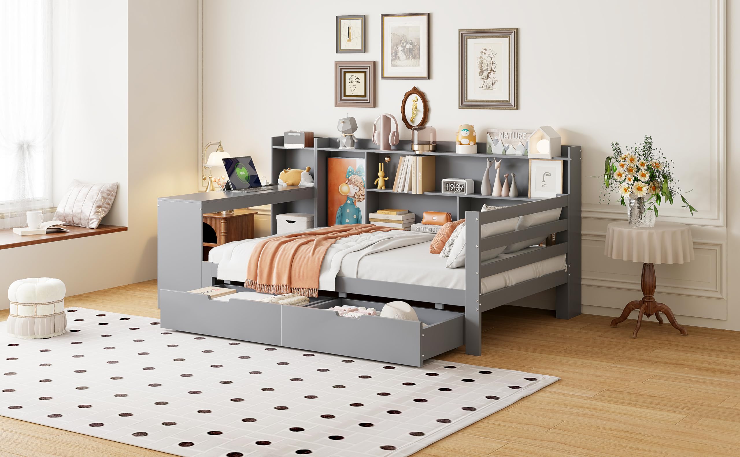 Wielofunkcyjna sofa z funkcją spania z litego drewna z wbudowanym biurkiem, gniazdkiem i miejscem do przechowywania – zajmuje mało miejsca 90 x 200 cm, w kolorze szarym do salonu, pokoju gościnnego