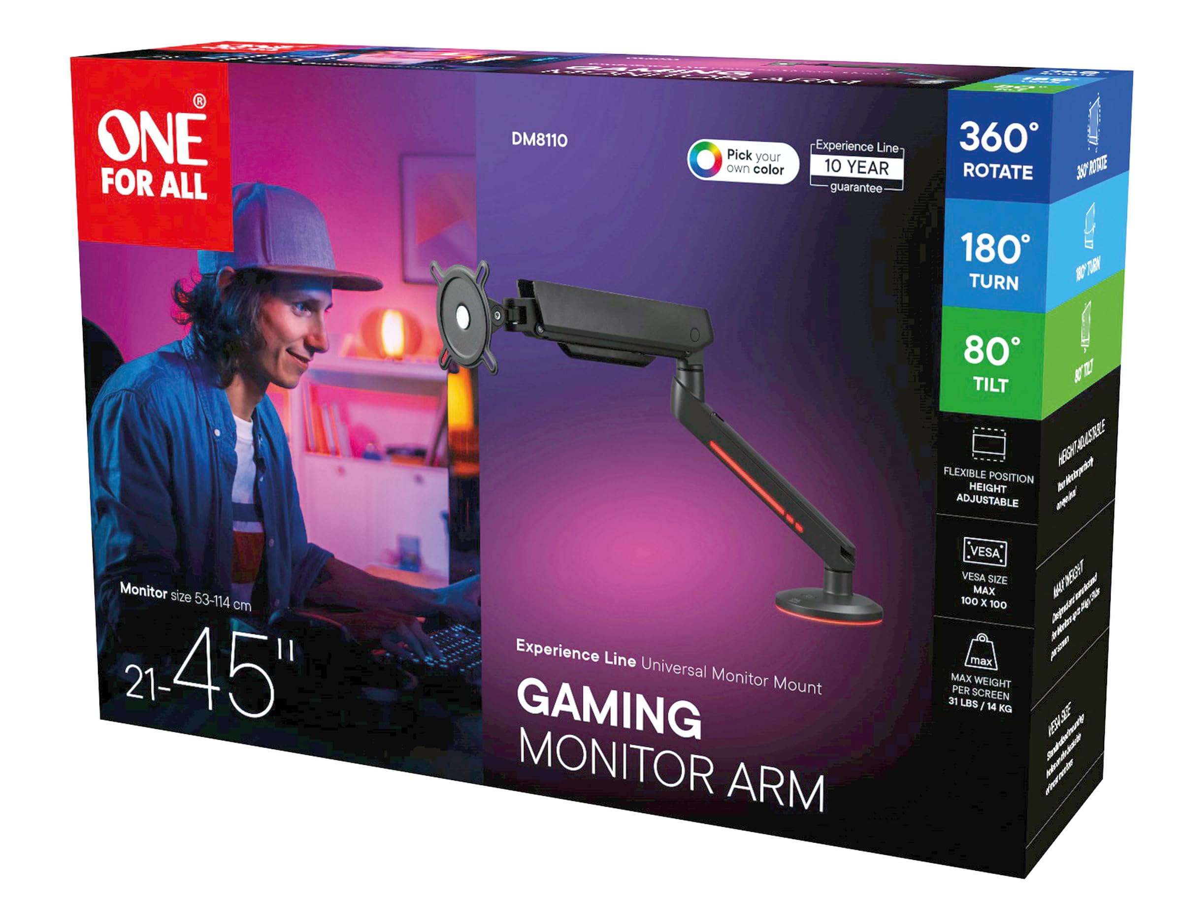 Braccio universale per monitor Gaming One for All-21-45 pollici-VESA 75/100 mm-Regolazione dell'altezza-Inclinazione (80°), rotazione (180°) e rotazione (360°) - 14 kg per schermo-Nero (DM8110)