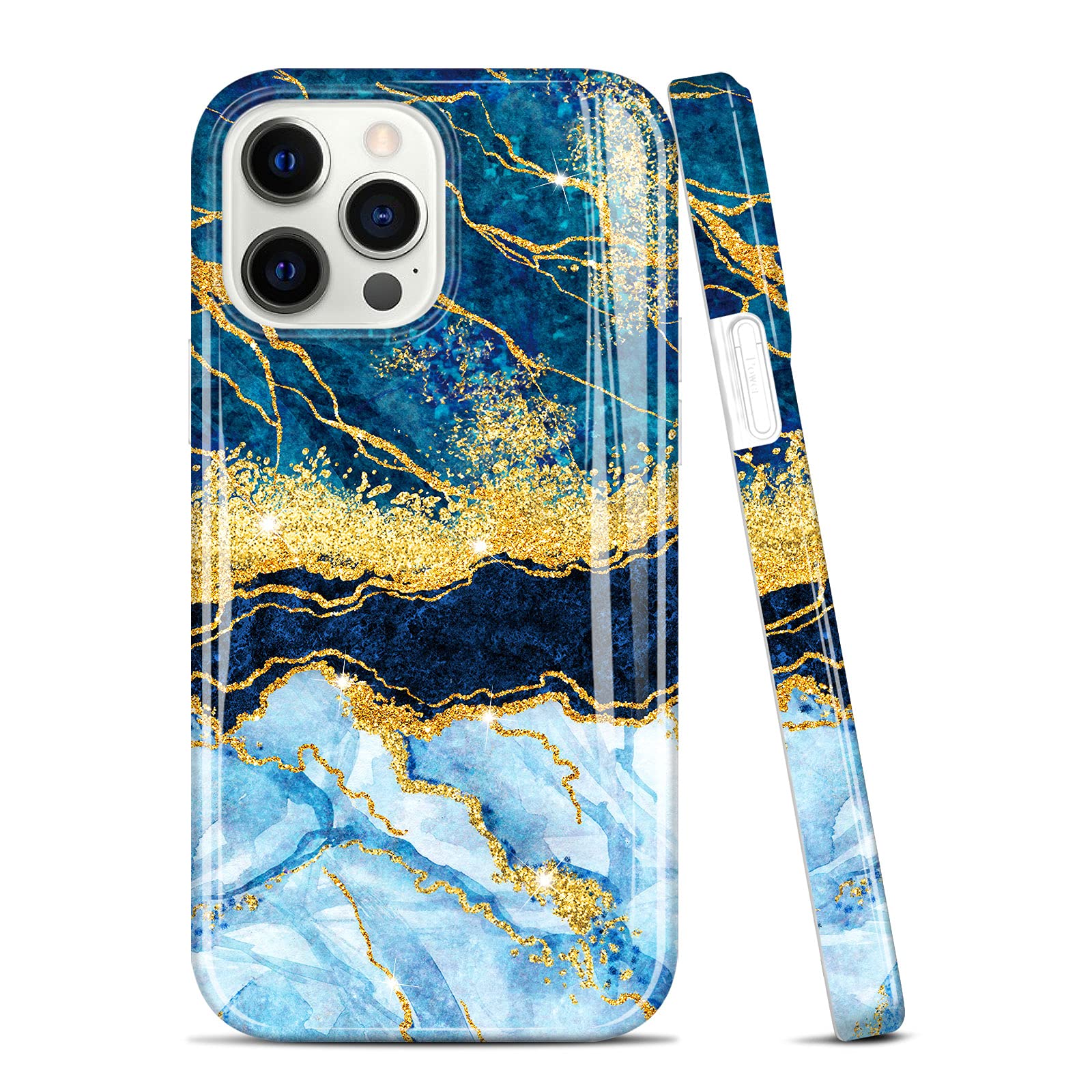 Luolnh Gold Glitter Sparkle Case Compatible With IPhone 13 Case Marble Design Shockproof Slim Soft Silicone TPU Bumper Cover Phone Case For IPhone 13 6.1 Inch 2021(White&Dark Blue - View #5
