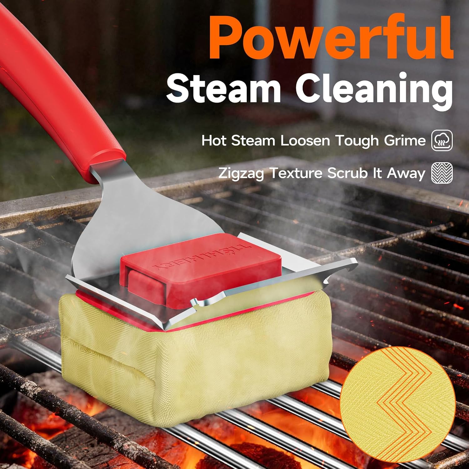 Bristle Free Grill Brush with Scraper for Outdoor Grill Cleaning, Safe Steam BBQ Grill Cleaner, Replaceable Head, Grilling Accessories for Cast Iron, Stainless Steel, Porcelain, Ceramic Grates - Red