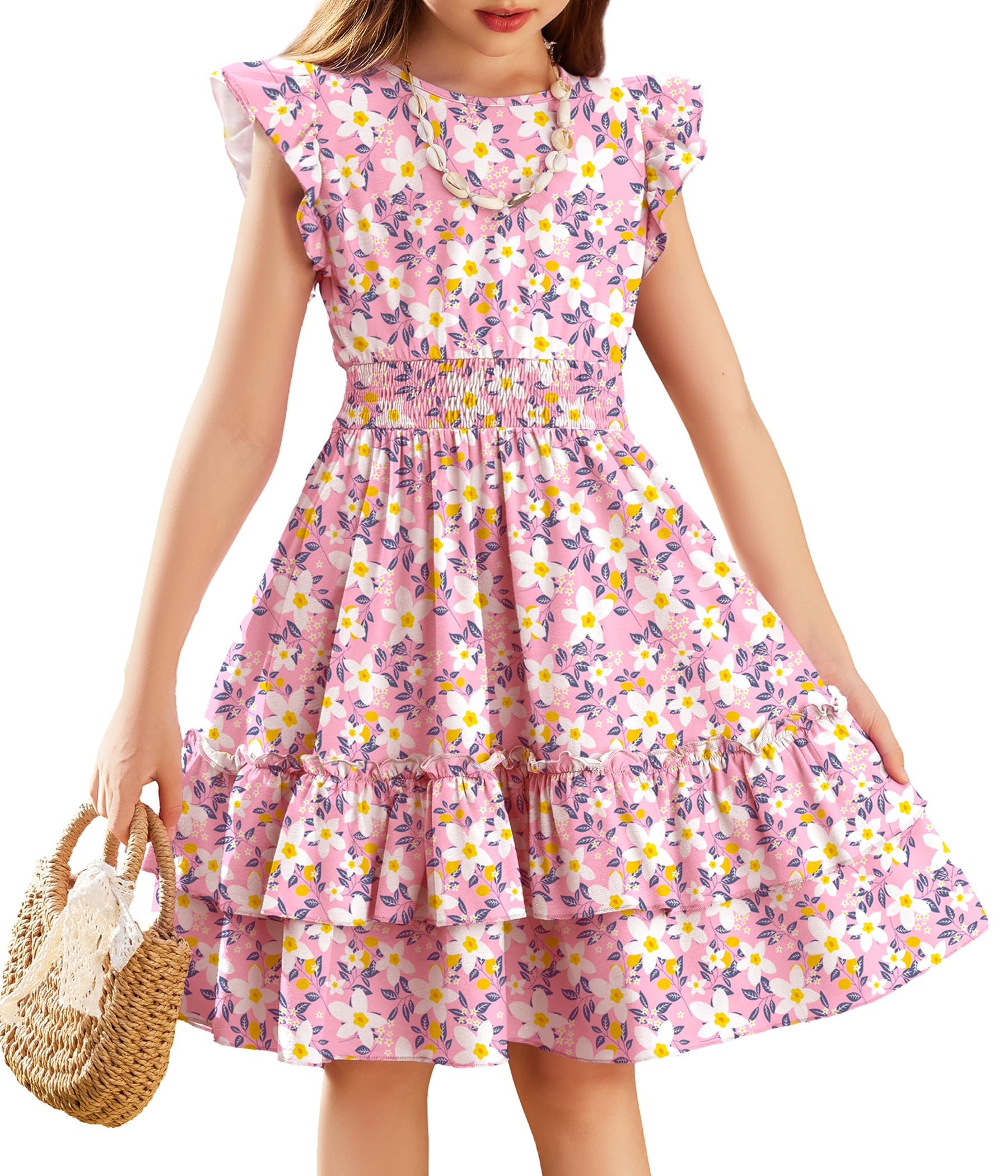 Arshiner Girls Dresses Flutter Sleeve A-Line Sundress Casual Summer Tiered Swing Midi Pocket Dress