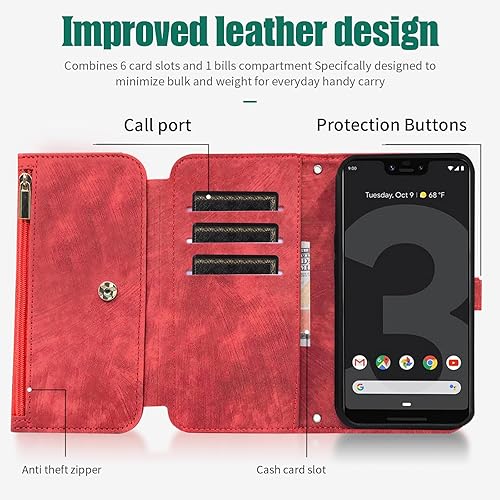 Miniatura 4 de Furiet Compatible con Google Pixel 3 XL - Funda tipo cartera con 9 ranuras para tarjetas, de piel retro, soporte para tarjetas de crédito, soporte