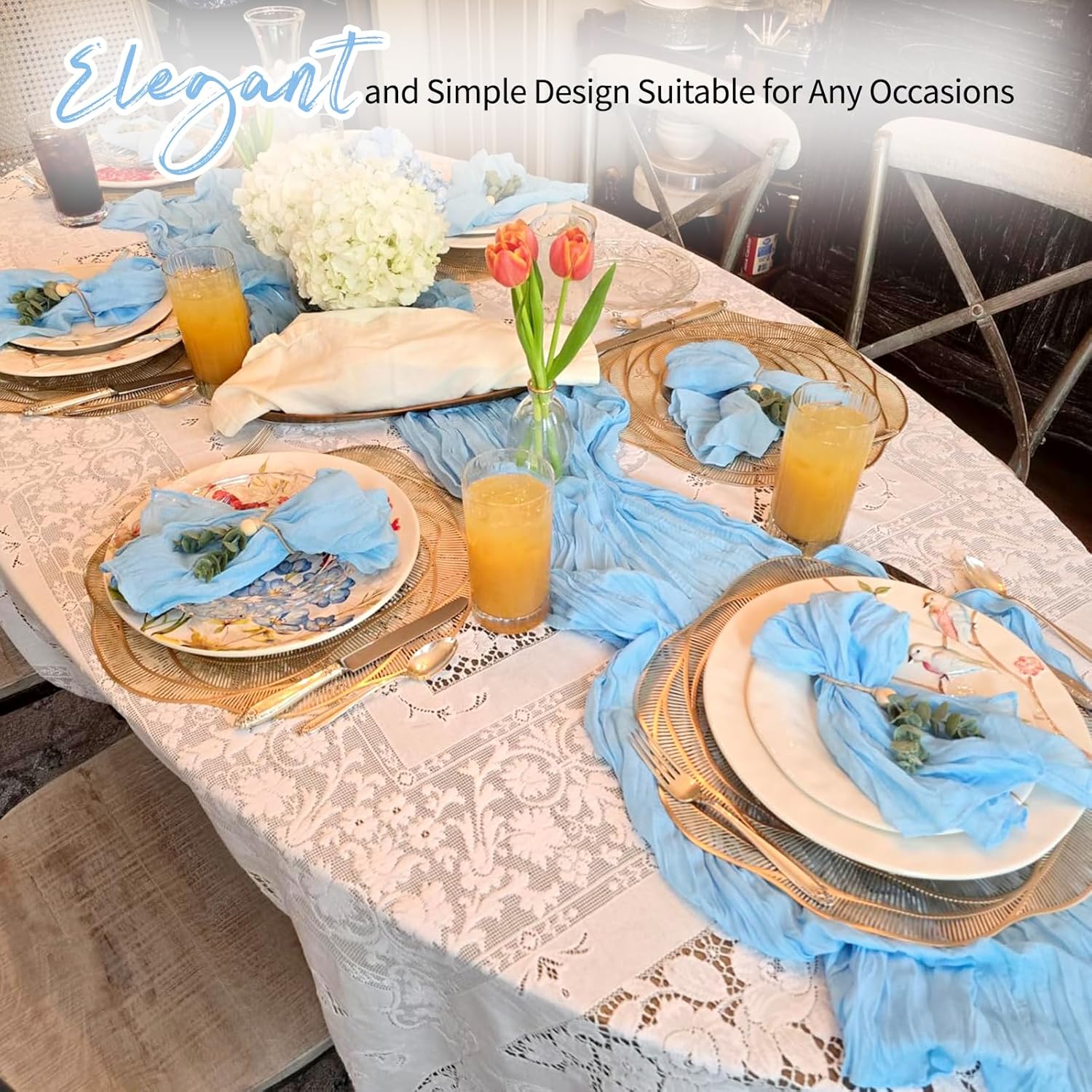 28 Pack Baby Blue Cheesecloth Table Runner 17x108 Inch Semi Sheer Boho Gauze Cheese Cloth Fabric Table Runners, for Wedding Party Baby Shower Birthday Home Decor Garden Farmhouse