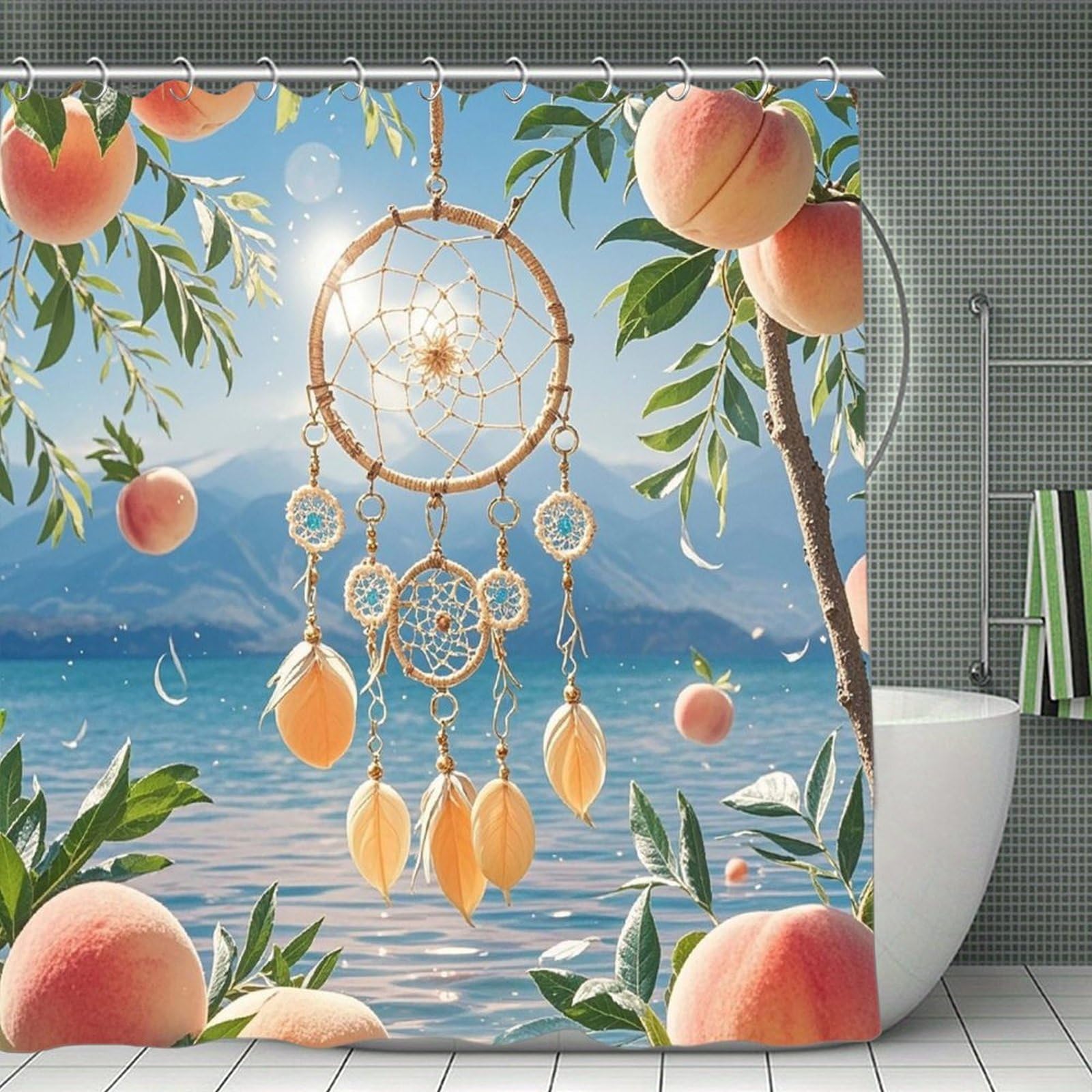 VstaDank Peach Dream Catcher Shower Curtain Waterproof Bathroom Shower Curtain with C Type Hooks Soft Lightweight Shower Curtains Liner Washable Polyester Cloth Shower Liner 71x71 Inch