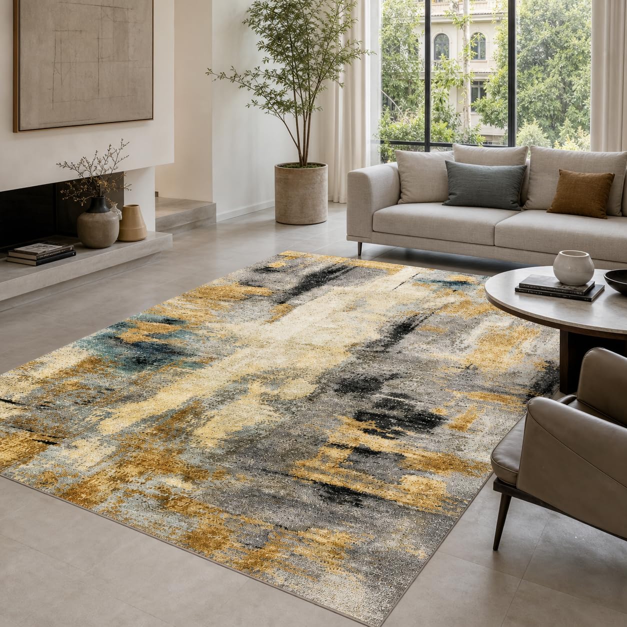 Tappeto Salotto Moderno Astratto Beige, Grigio, Oro e Nero, Lavabile in Lavatrice e Antiscivolo TPR, Pelo Corto Morbido per Soggiorno e Camera da Letto (200 x 300 cm)