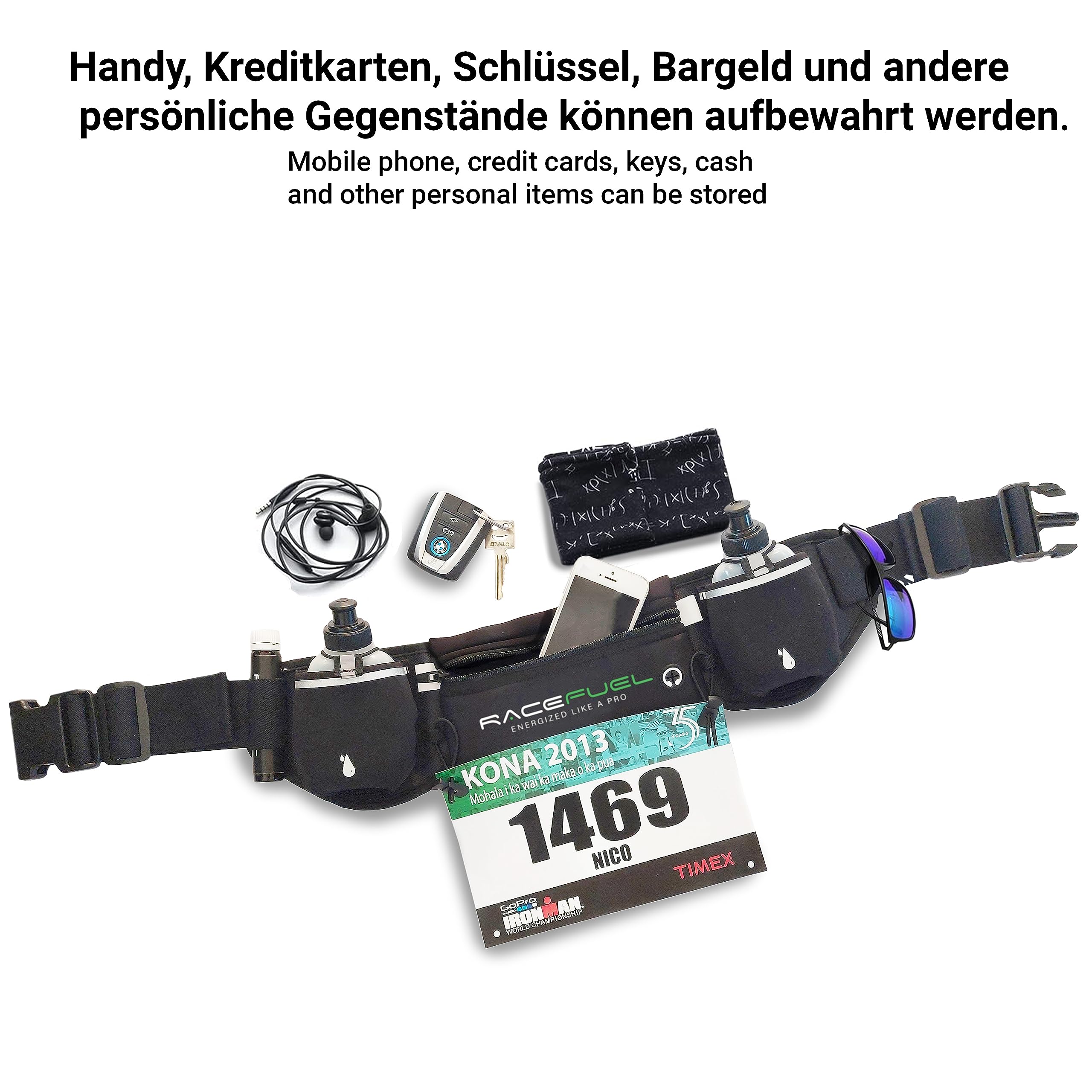 RACEFUEL Laufgürtel Trinkgürtel Gürteltasche Inclusive 2X 200ml Trinkflaschen, wasserdicht, mit Fach für Handy, ideal für Triathlon, Laufen, Fahrradfahren (schwarz)