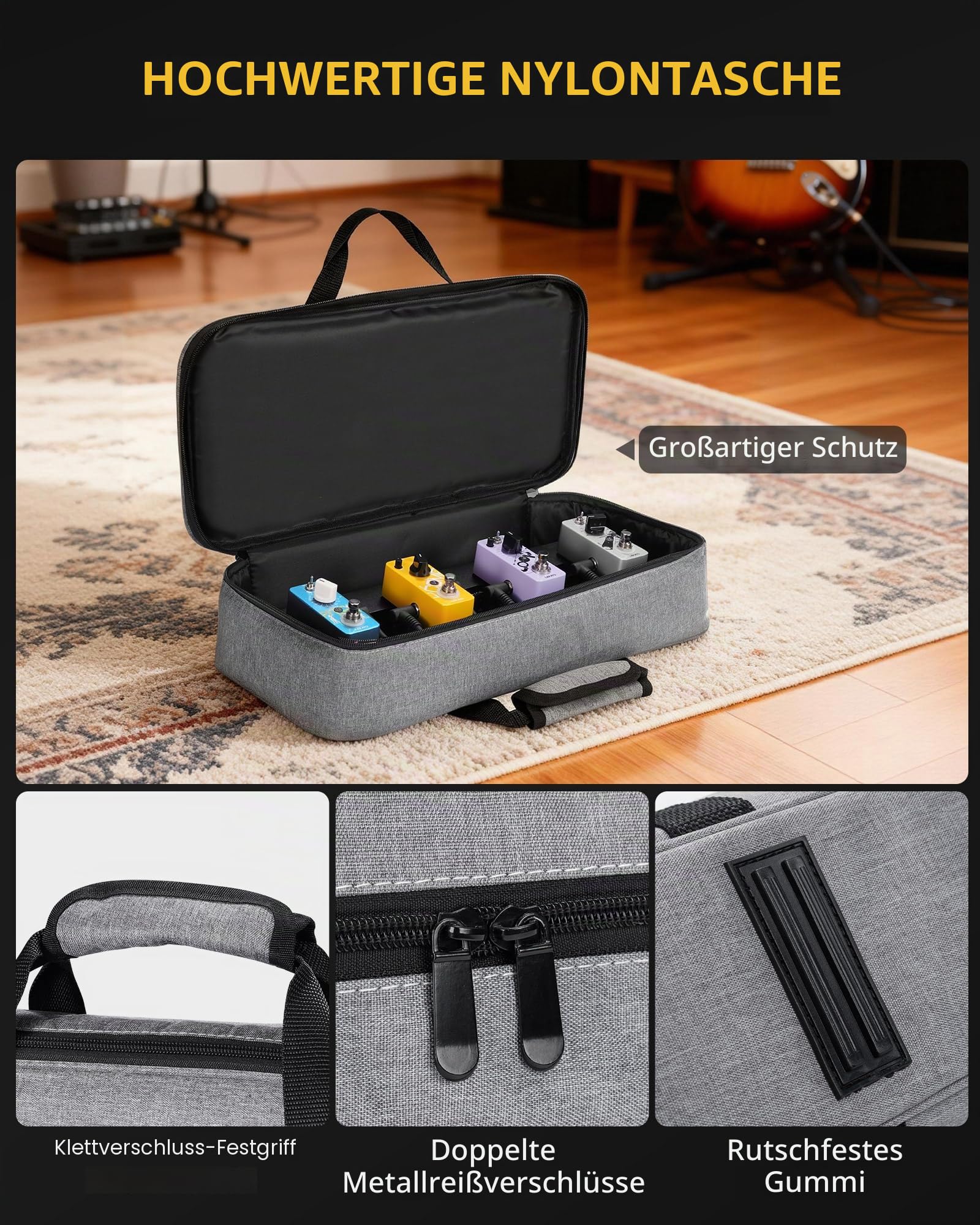 LEKATO Gitarren-Pedalboard mit integriertem Netzteil, 39,4 x 13 x 4 cm Kompaktes Effektpedalboard, Leichter Aluminiumrahmen, für Gitarristen und Bassisten (PB-01S)