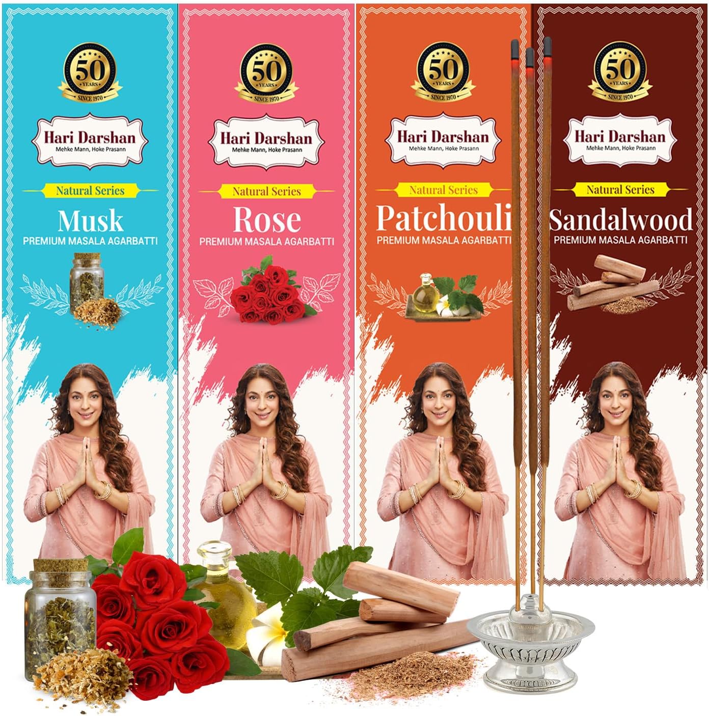 Premium Masala Agarbatti Combo – 160 Sticks | Rose | Sandalwood | Musk | Patchouli | Natural Long-Lasting Fragrance for Pooja Havan Meditation & Relaxation | Pack of 4 (40 Sticks Each)