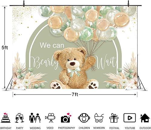 Miniatura 3 de Imirell Telón de fondo de oso para baby shower, 7 pulgadas de ancho x 5 pulgadas de alto, con texto en inglés We Can Bearly Wait con globos verdes y